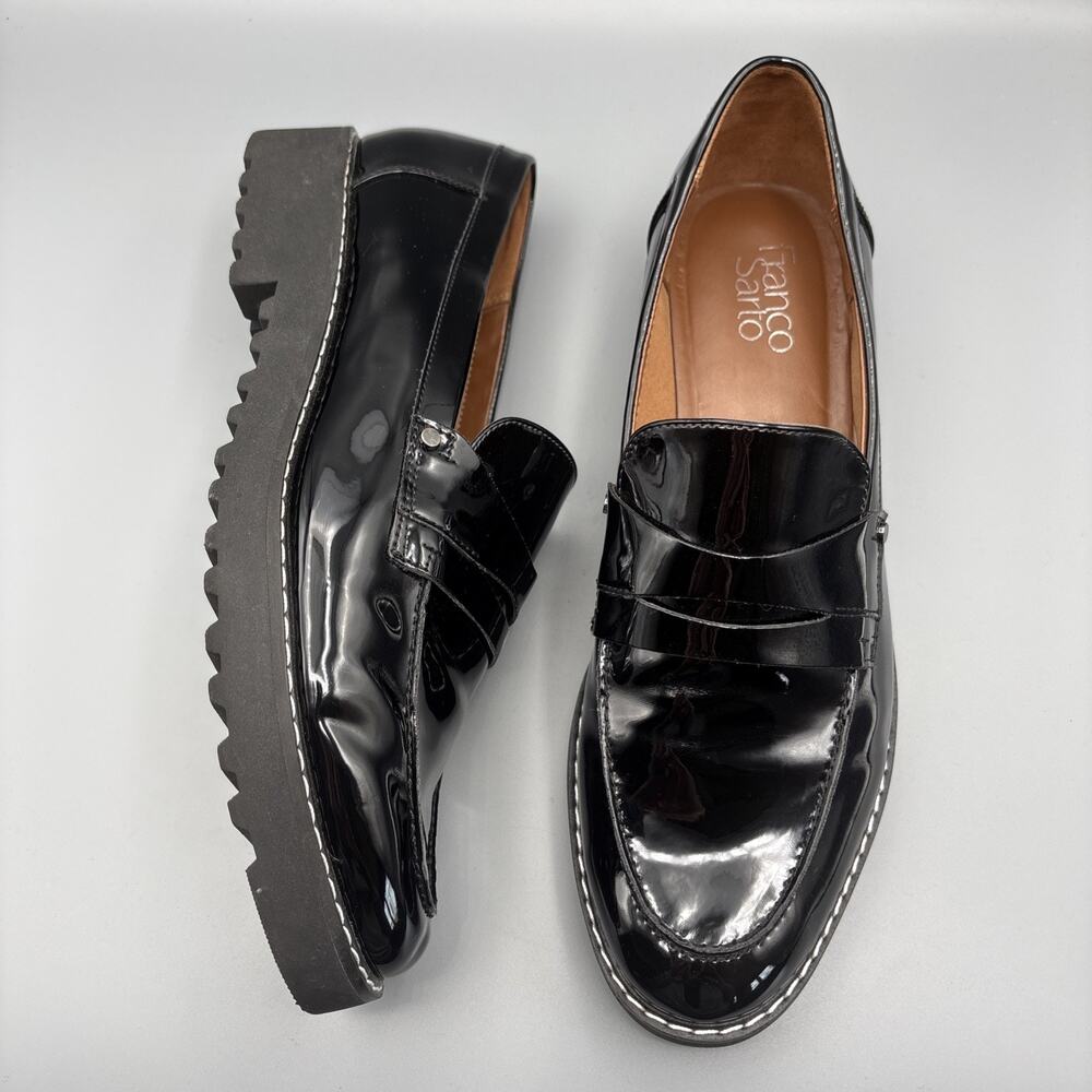 Franko Sarto Cassandra Penny Loafers Size 10 Black Patent Vegan Leather Academia